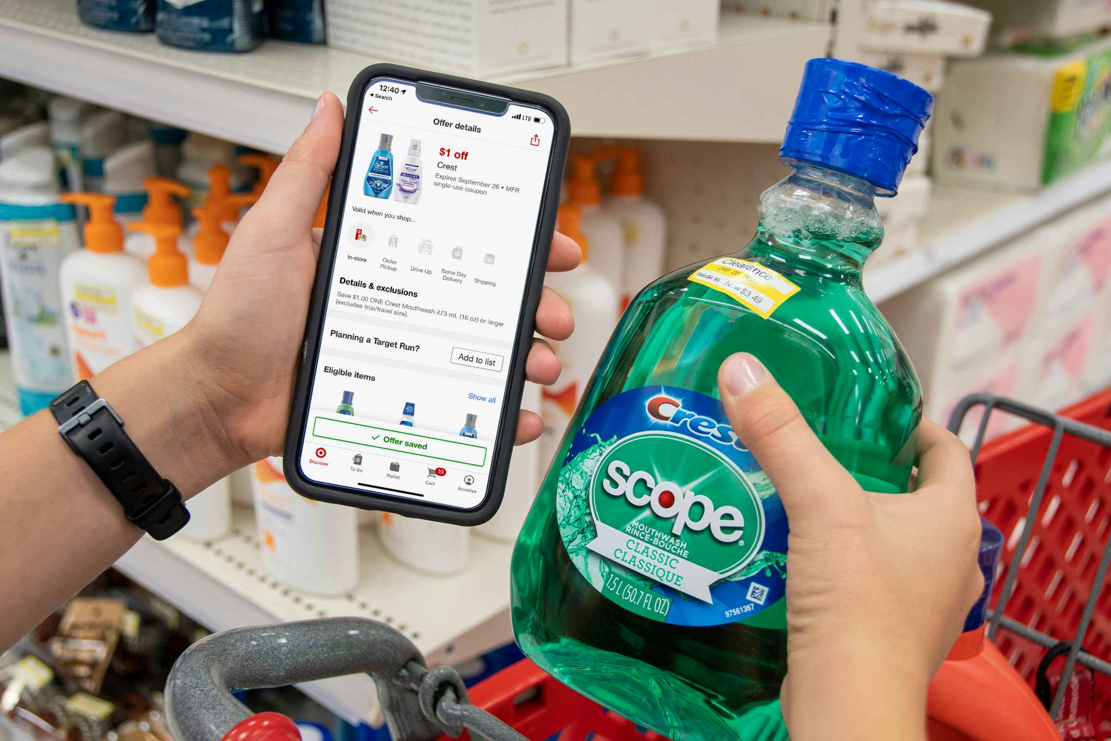 Target circle app with coupon next to Scope mouthwash with a clearance sticker.