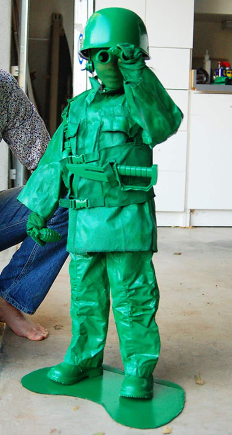 Spray paint old clothes green for a toy soldier costume.