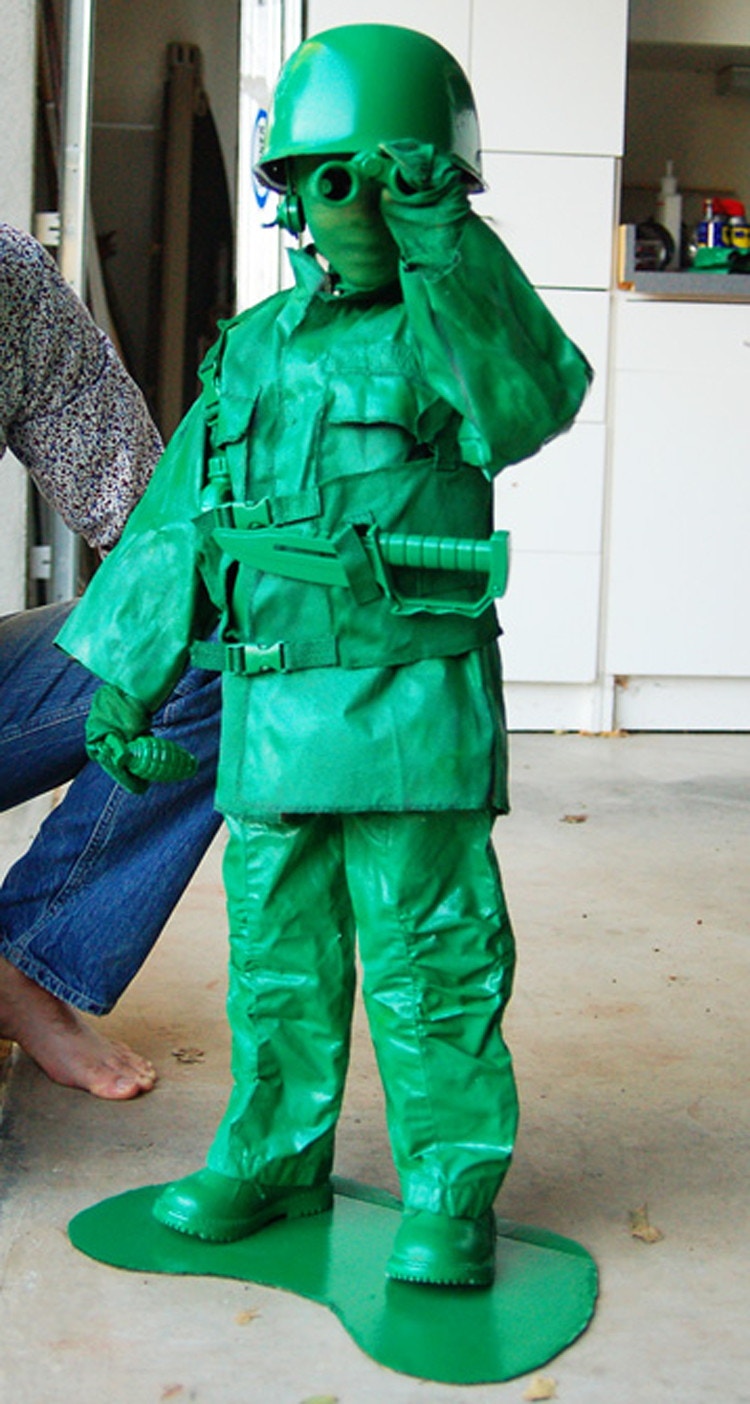 Spray paint old clothes green for a toy soldier costume.