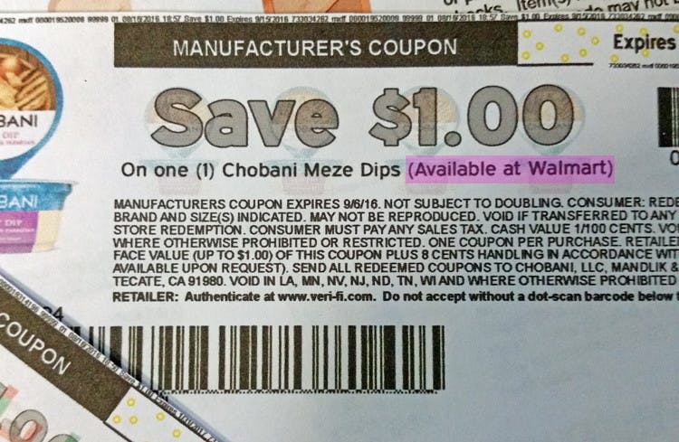 A close up on a coupon with "Available at Walmart" highlighted