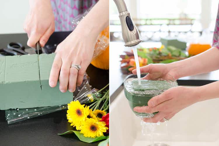 A person cutting a piece of flower foam and soaking it in a bowl with water from the kitchen sink.