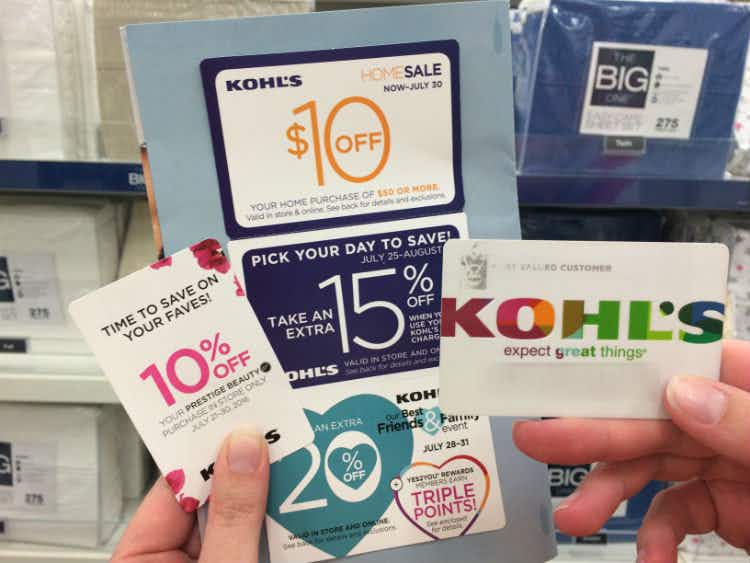 two different coupons from Kohl's including a credit card held by a hand
