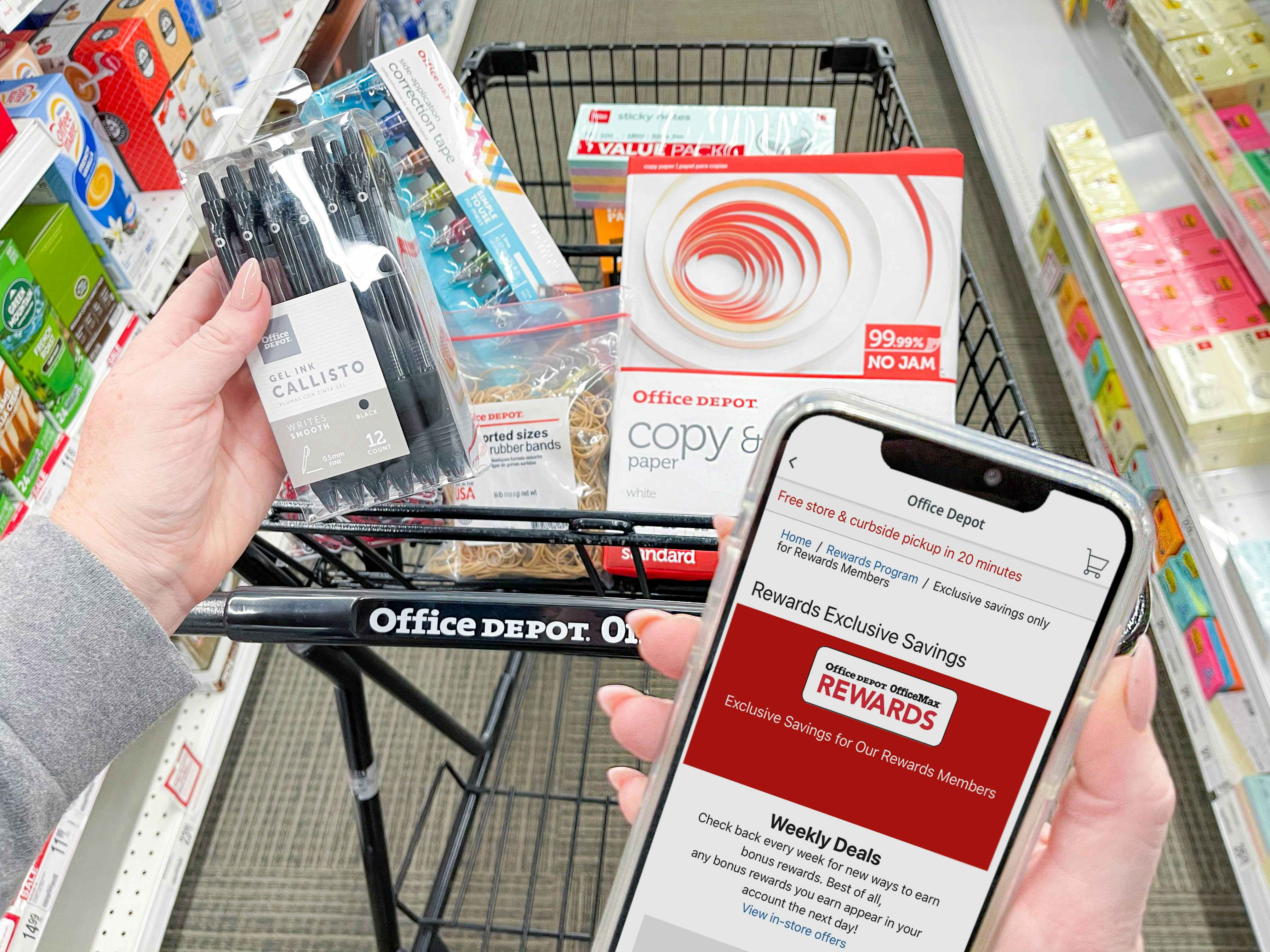 woman holding cellphone with office depot app while shopping