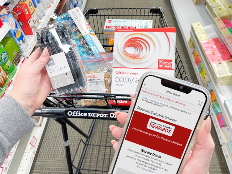 woman holding cellphone with office depot app while shopping