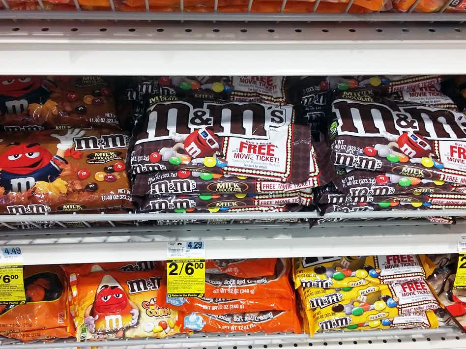 M&M candy stocked on a shelf.