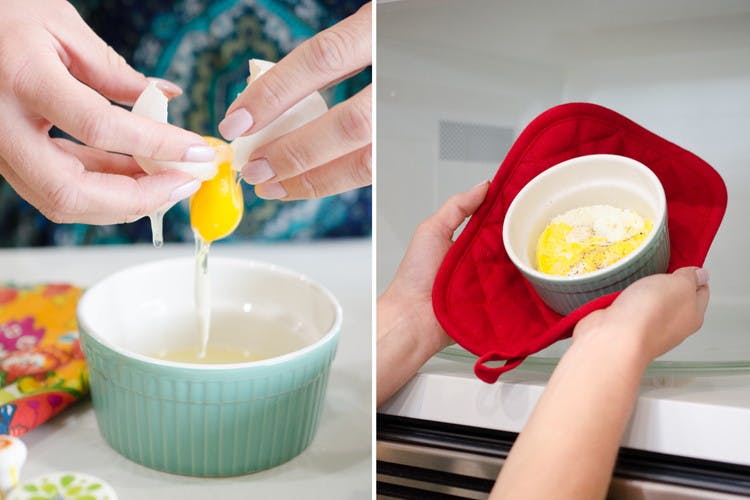 Microwave an egg in a ramekin for one minute for a quick breakfast.
