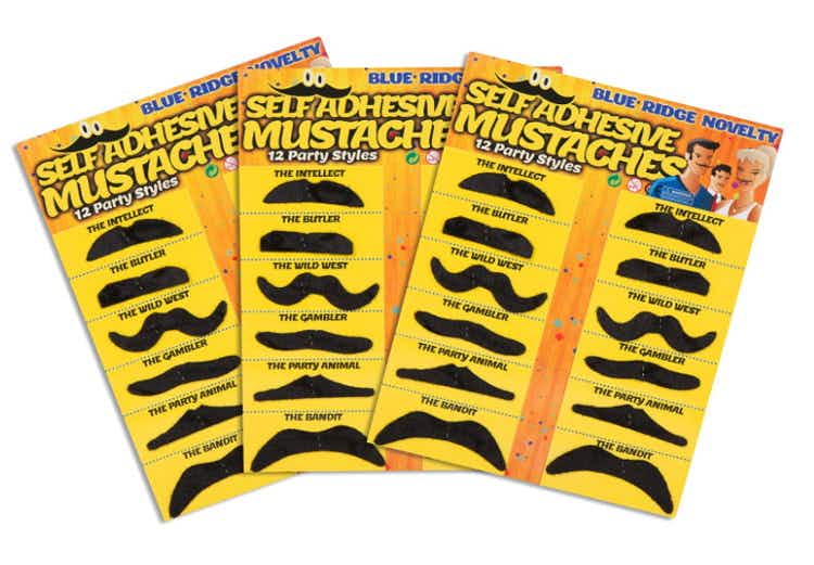 Cards of fake mustaches on a white background.