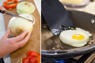 And get perfectly round eggs by cooking them in onion rings.