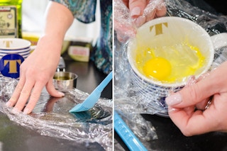 Perfectly poach an egg with a mug, plastic wrap, and olive oil.
