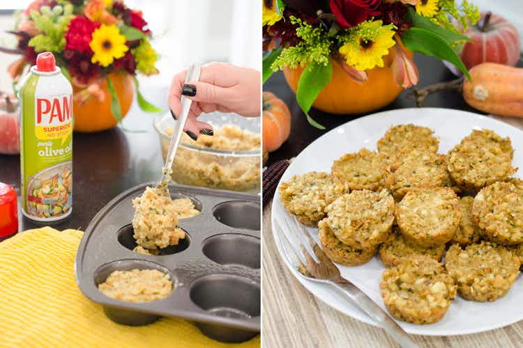 A person spooning Thanksgiving stuffing mix into a cupcake tin, and a plate of baked stuffing bites on a table with Thanksgiving decor.
