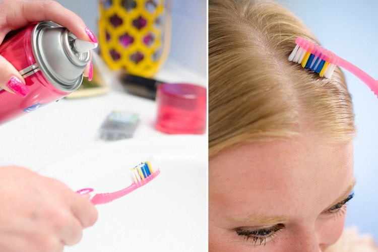 Smooth down flyaways with a toothbrush.
