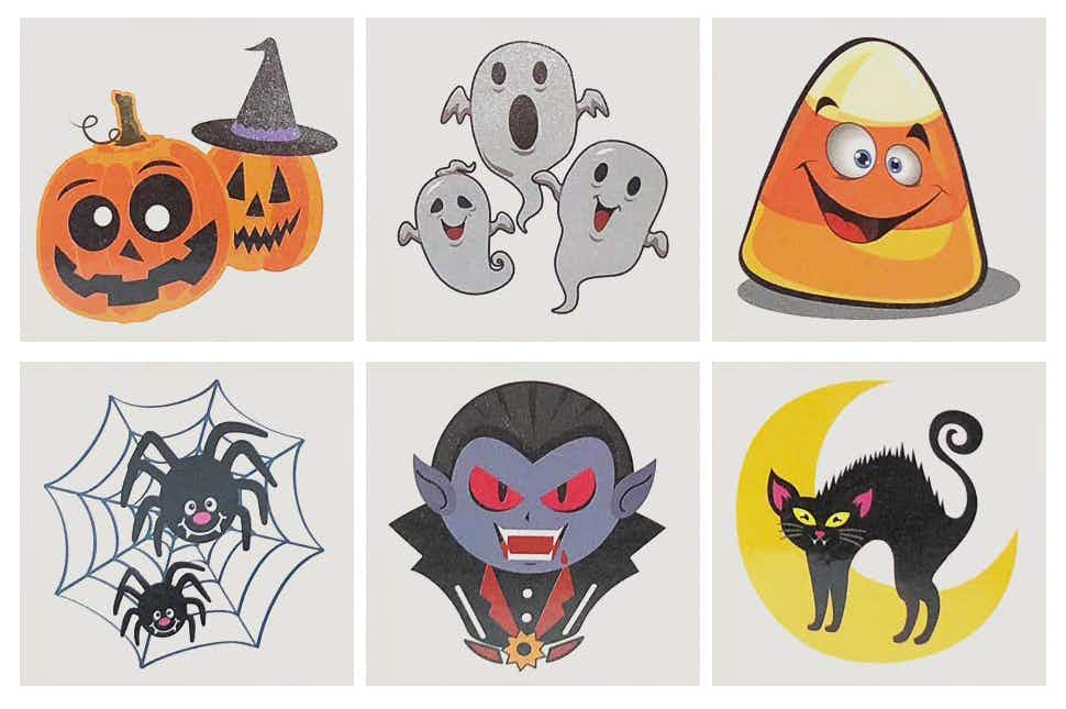 6 versions of Halloween themed temporary tattoos from the ArtCreativity Store listing on Amazon.