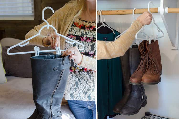 Keep boots off the floor with pants hangers.