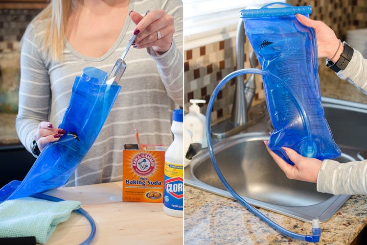 Woman adding baking soda and bleach to a camelbak water water bladder.