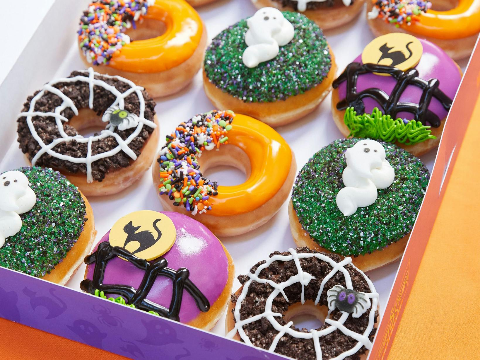 Halloween donuts from Krispy Kreme in a box.