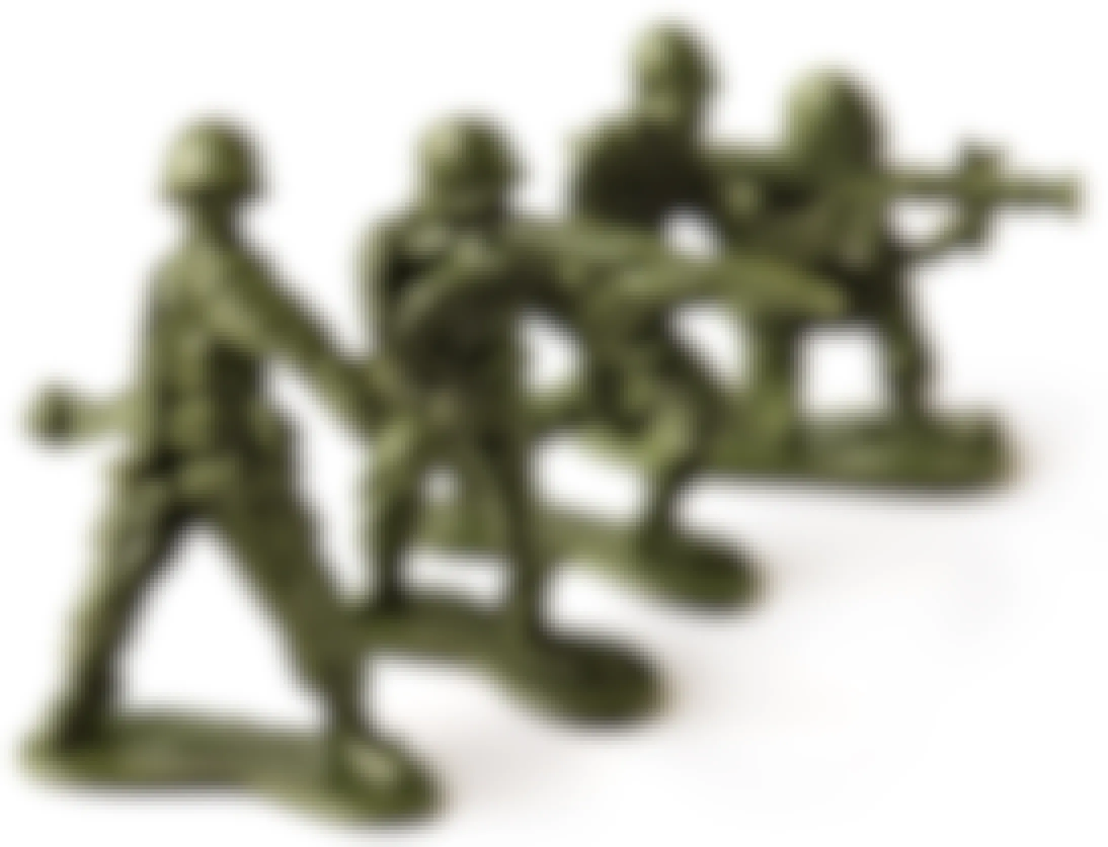 Four green plastic army soldiers set up on a white background.