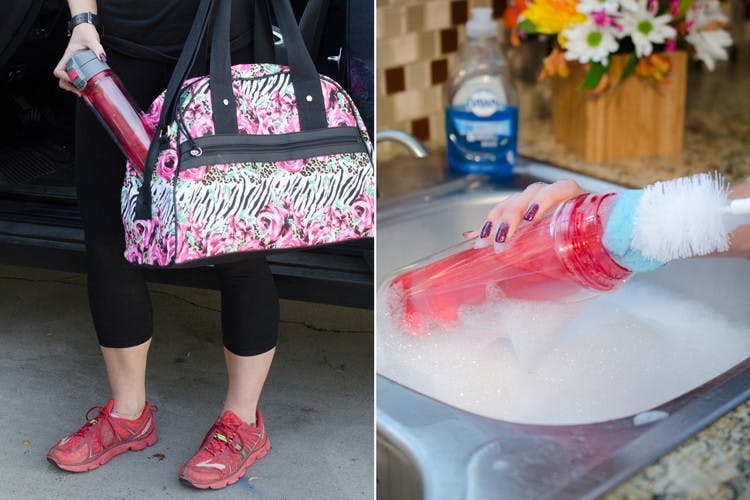 Woman putting a water bottle in a gym bag and washing it in a sink