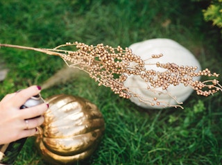 A person spray painting some pumpkin and floral decorations gold.