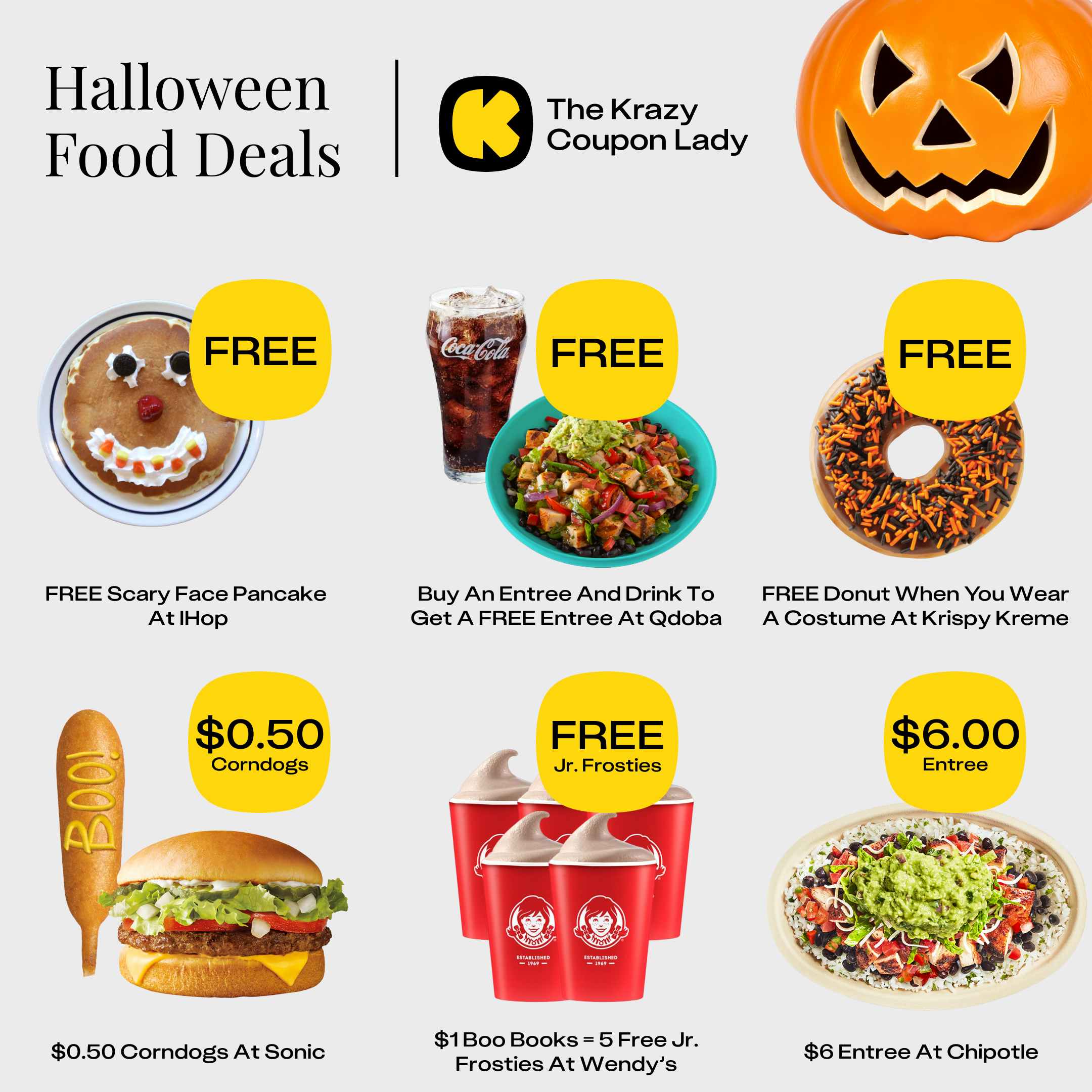 a graphic depicting some of the best food deals for Halloween in 2023
