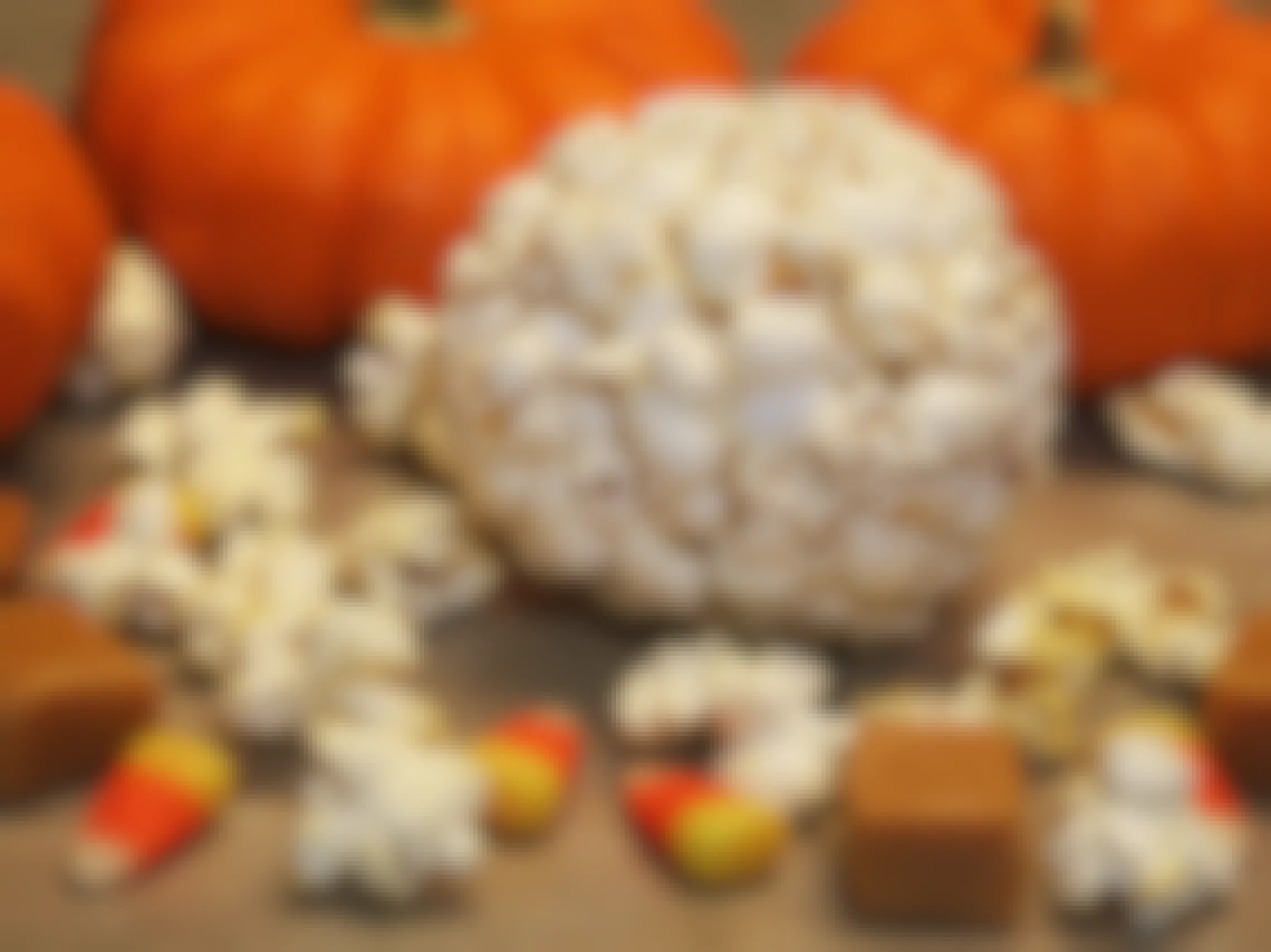 A popcorn ball on a table with some pumpkins, caramel, and candy corn.