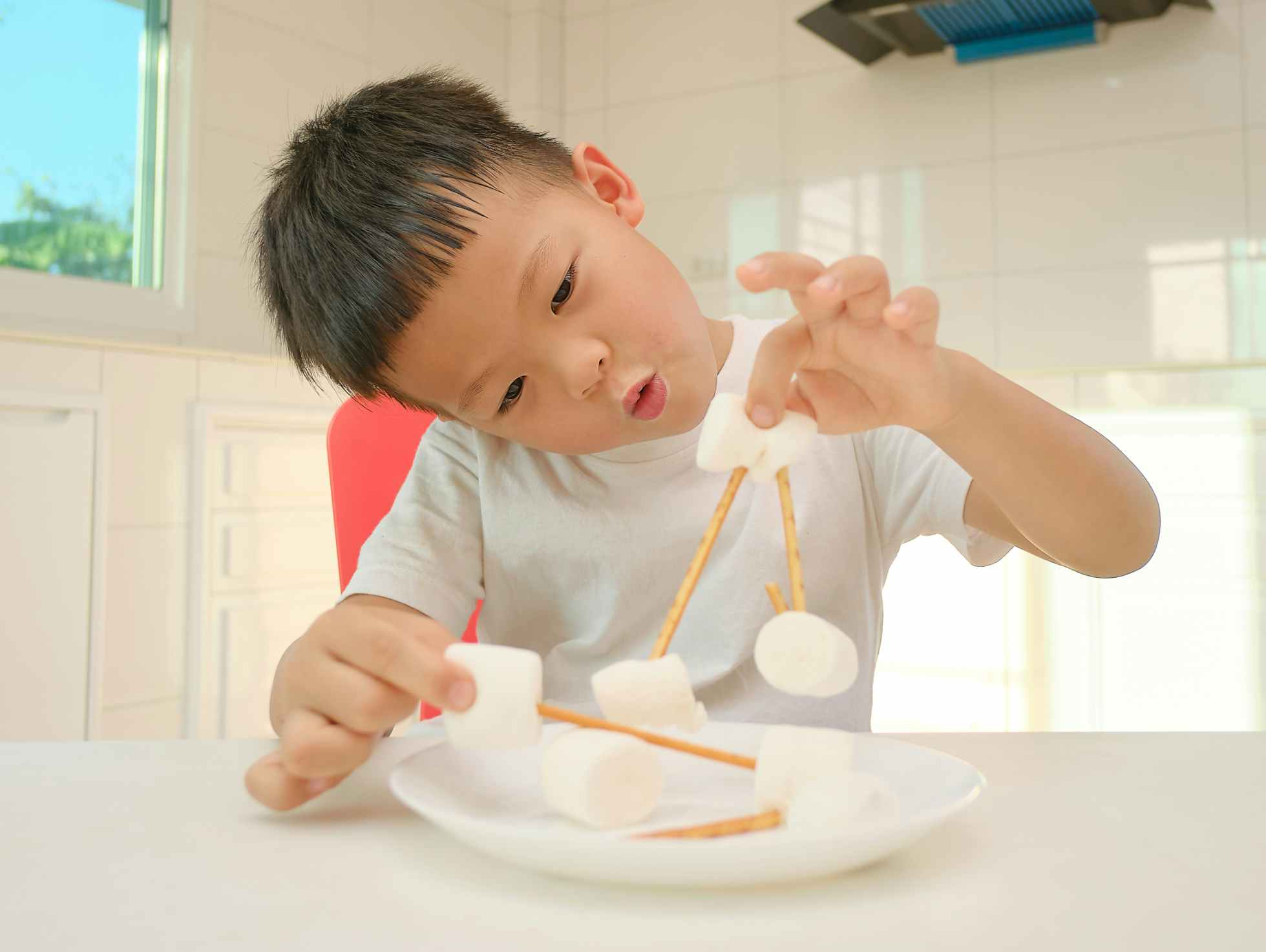 A little boy connecting marshmallows with sticks on a plate.