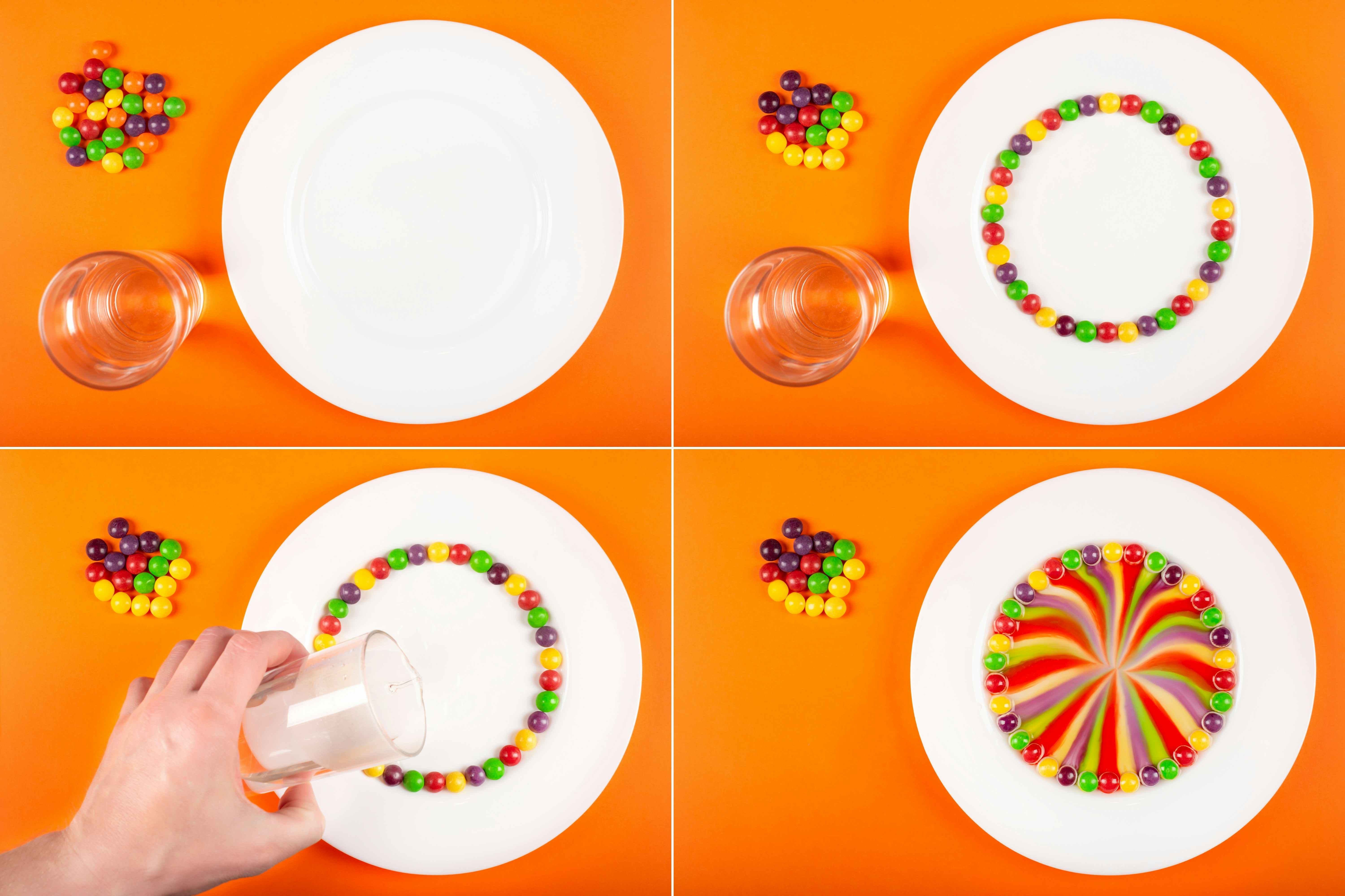 A four step tutorial showing a person lining Skittles in a circle on a plate, and pouring water in the center so they dissolve in a swirl pattern.