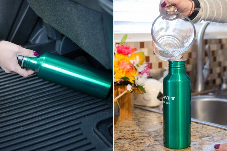A metal water bottle being pulled from under a car seat, then a solution being poured into it for cleaning.