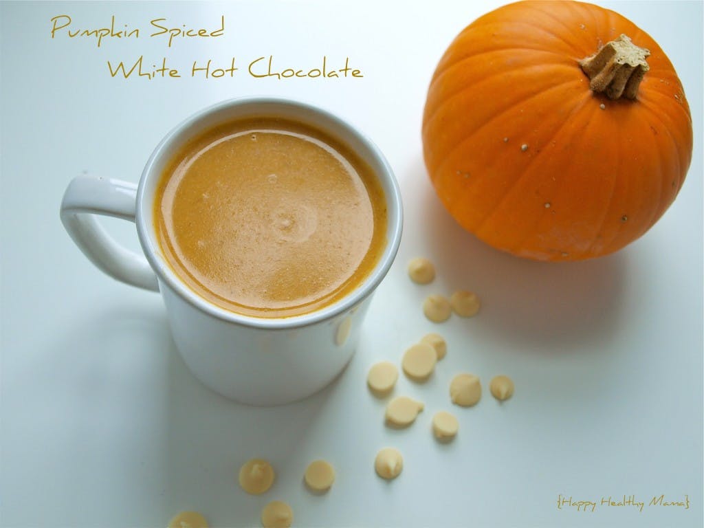 Add pumpkin puree to spiced white hot chocolate.