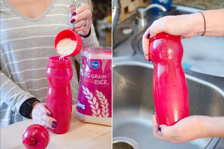 White rice being poured into a plastic water bottle and shaken.