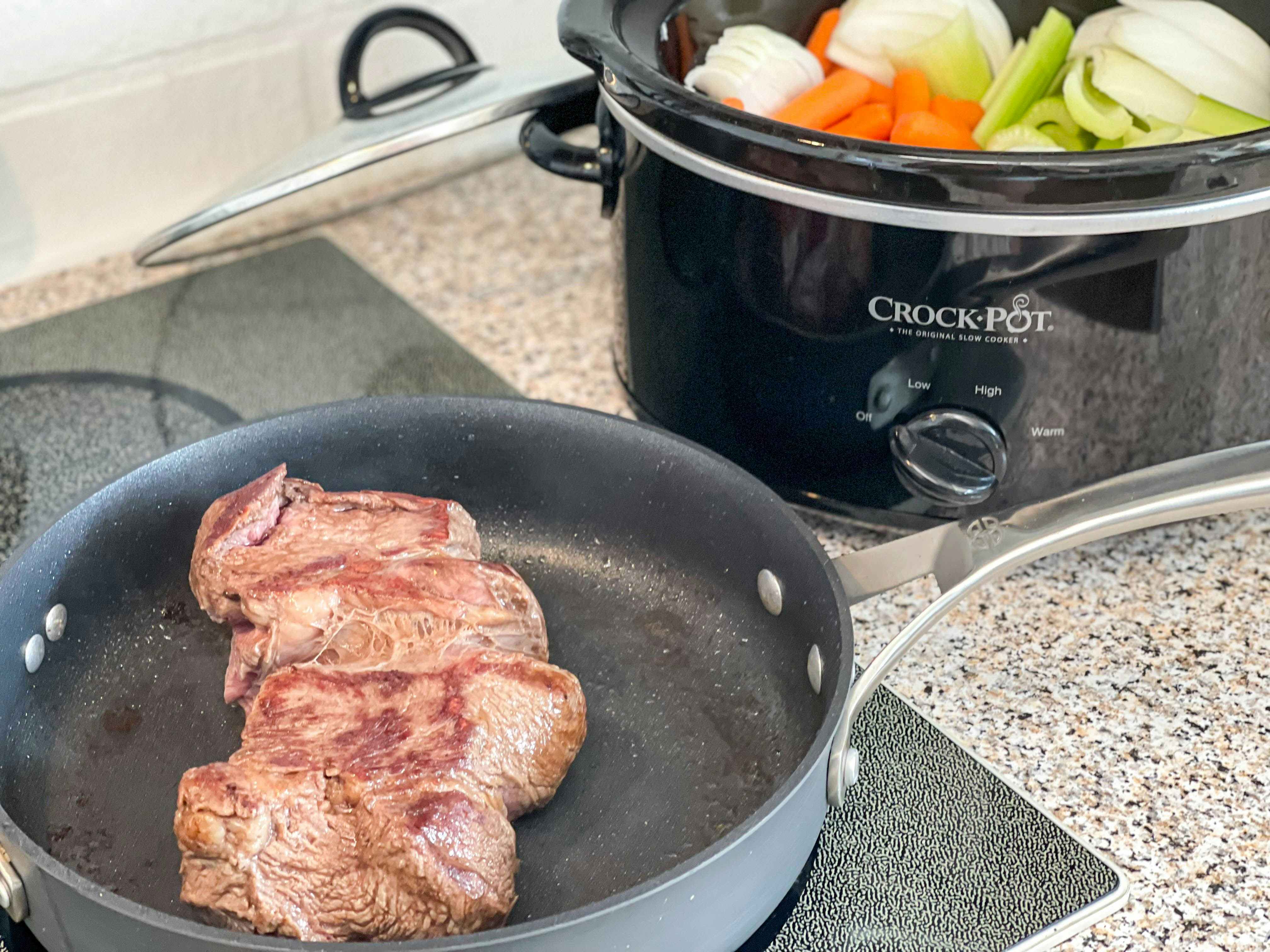 browning meat next to slow cooker