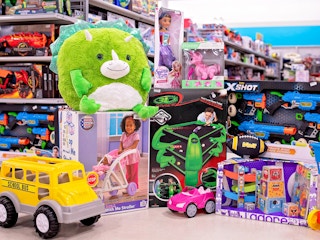 a tall stack of toys at Gabe's