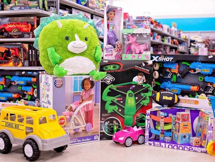a tall stack of toys at Gabe's