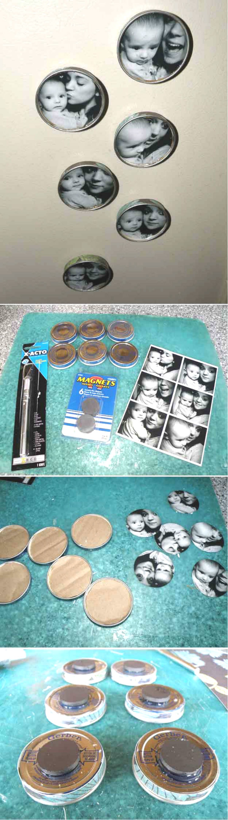 Turn leftover juice lids into picture magnets.