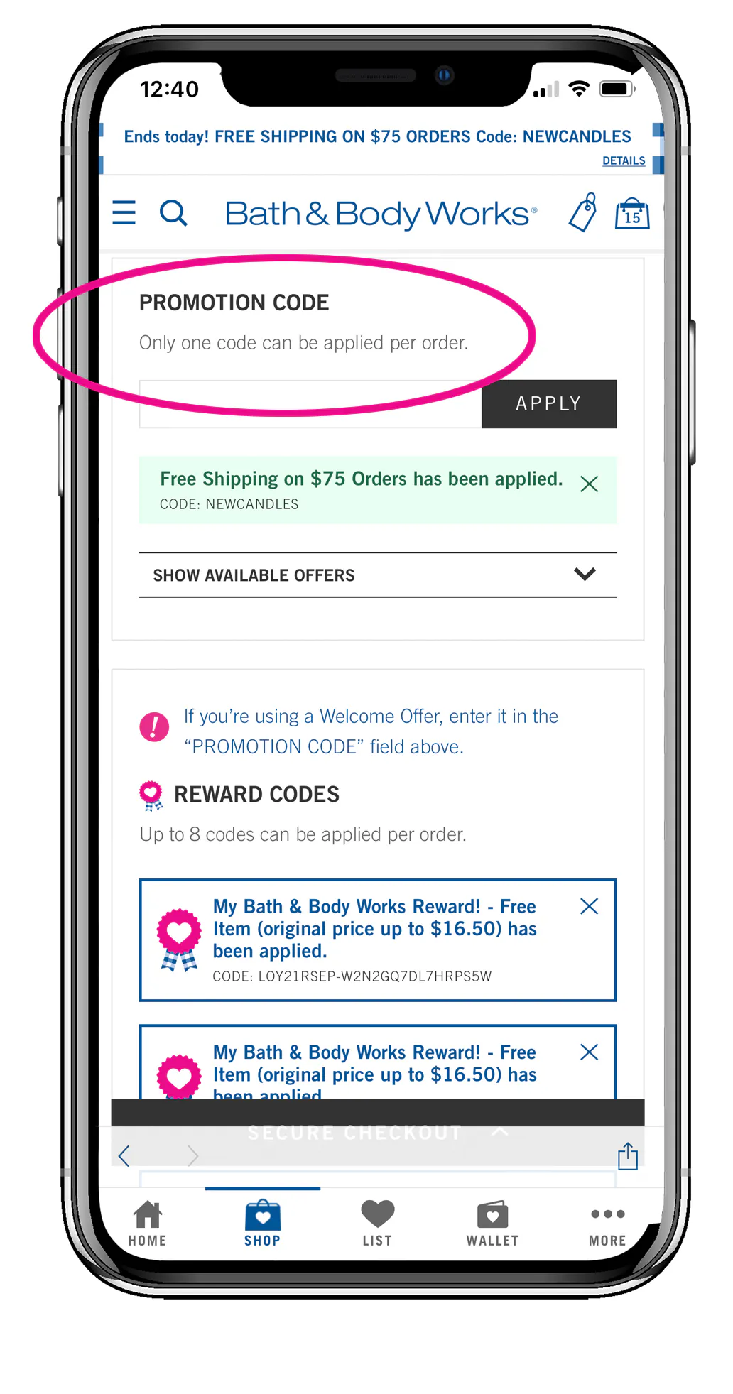 A graphic of a phone showing the Promotion Code box during checkout on the Bath & Body Works app.