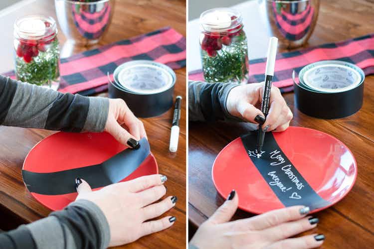 Turn cheap dollar store plates into stylish platters with chalkboard tape.