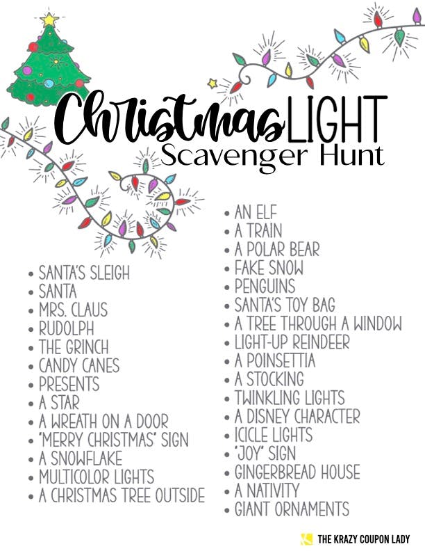 A free Christmas printable for holiday lights scavenger hunt
