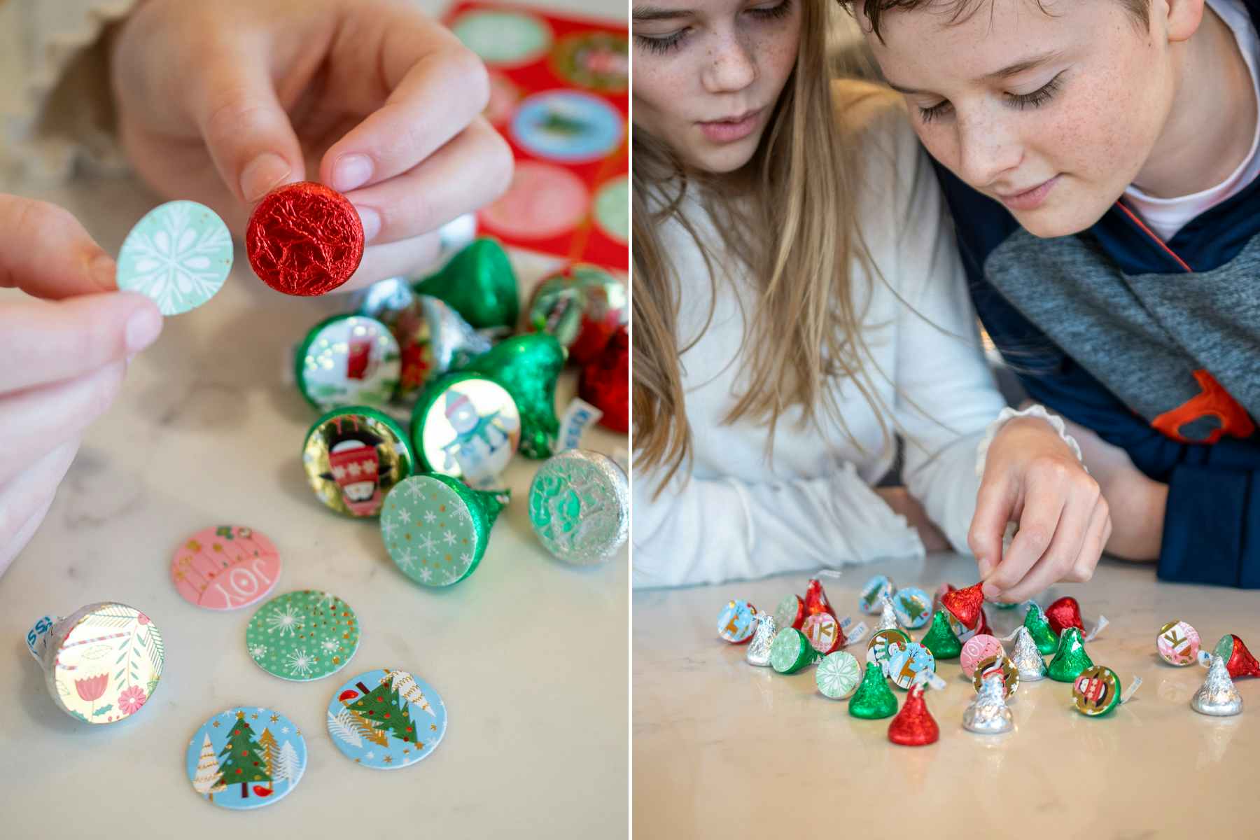 Two photos. A child adding round stickers to the bottom of Hershey's Kisses and two kids playing a memory game with the kisses