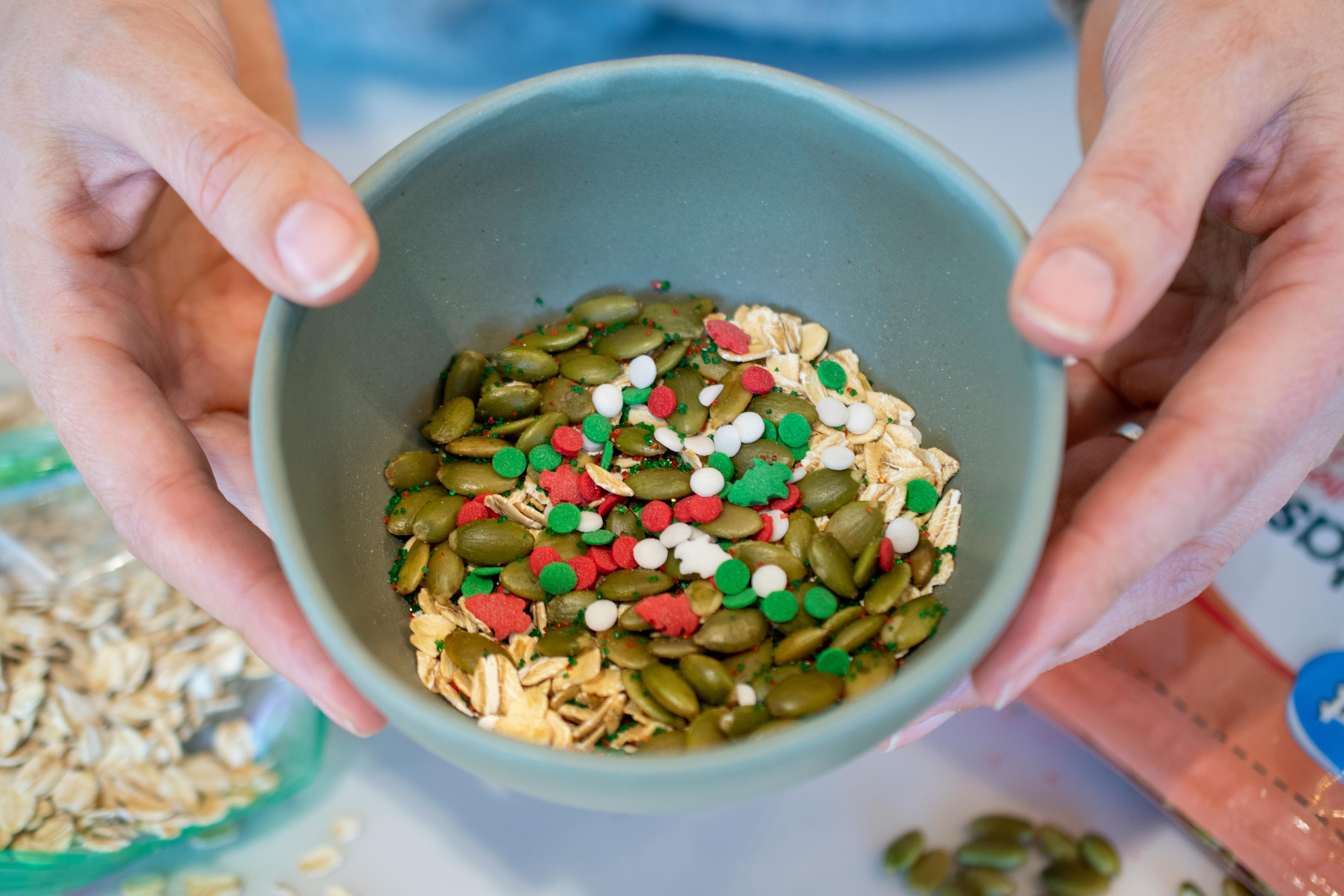 A person holding a bowl filled with sprinkles, oats, and pumpkin seeds