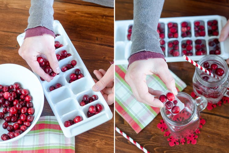 Make holiday ice with cranberries frozen in water.