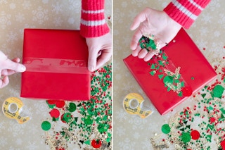 Use double sided tape and confetti instead of ribbons.