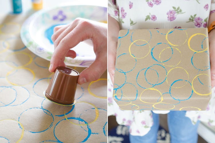 Make your own wrapping paper designs with used K-Cups.