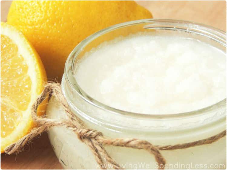 Fill a mason jar with a lemon sugar scrub.