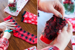 A person making a drink koozie.