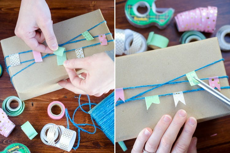 Decorate presents with twine and washi-tape flags.
