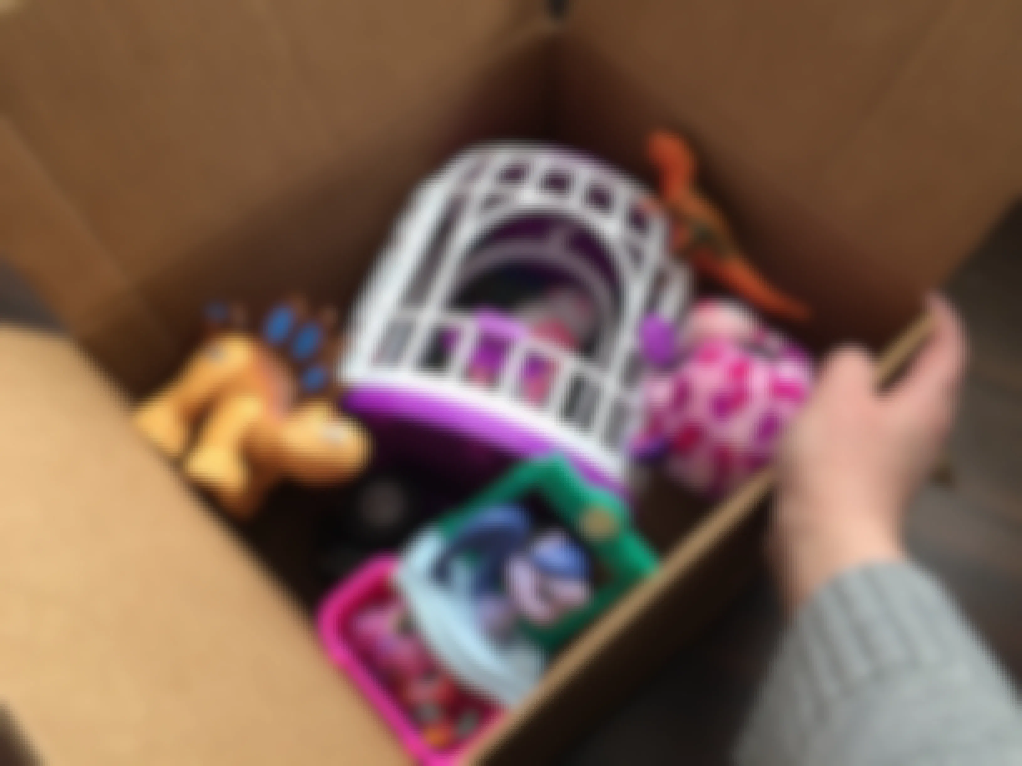 A person holding open a box of old toys to be donated.