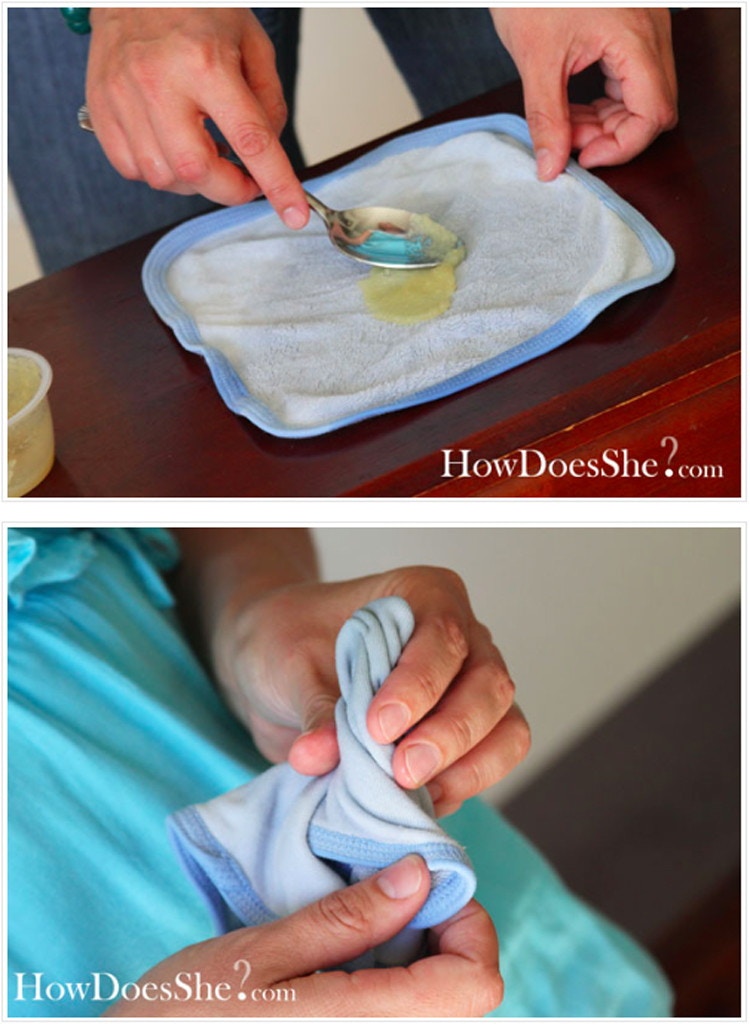 To ease teething pain, spread apple sauce in a piece of cloth, roll it up, and freeze.