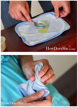 To ease teething pain, spread apple sauce in a piece of cloth, roll it up, and freeze.