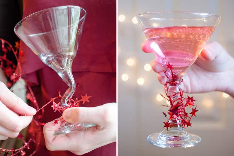 Decorate wine and cocktail glasses with wire garland.