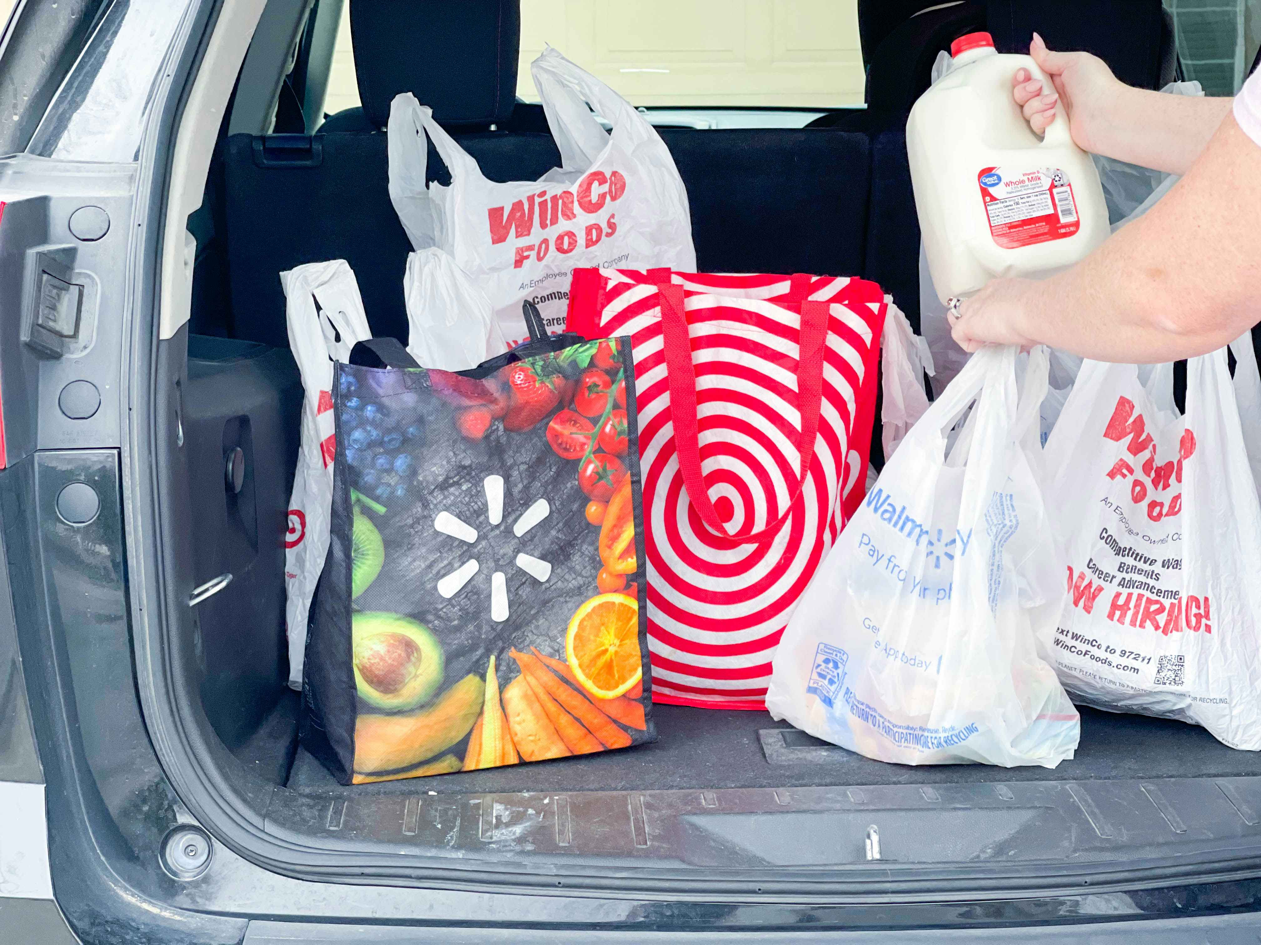 A person putting a gallon of milk into the trunk of a vehicle with reusable and plastic grocery bags from Walmart, Target, and WinCo Foods.