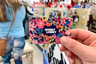 A close up of a Hobby Lobby gift card near the register.
